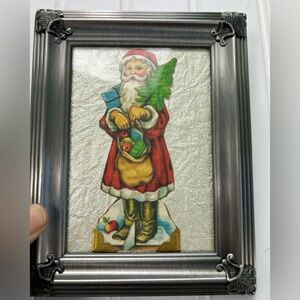 Vintage Art Framed Old World Santa Claus Print Cutout Silver Gallery Wall 5x6